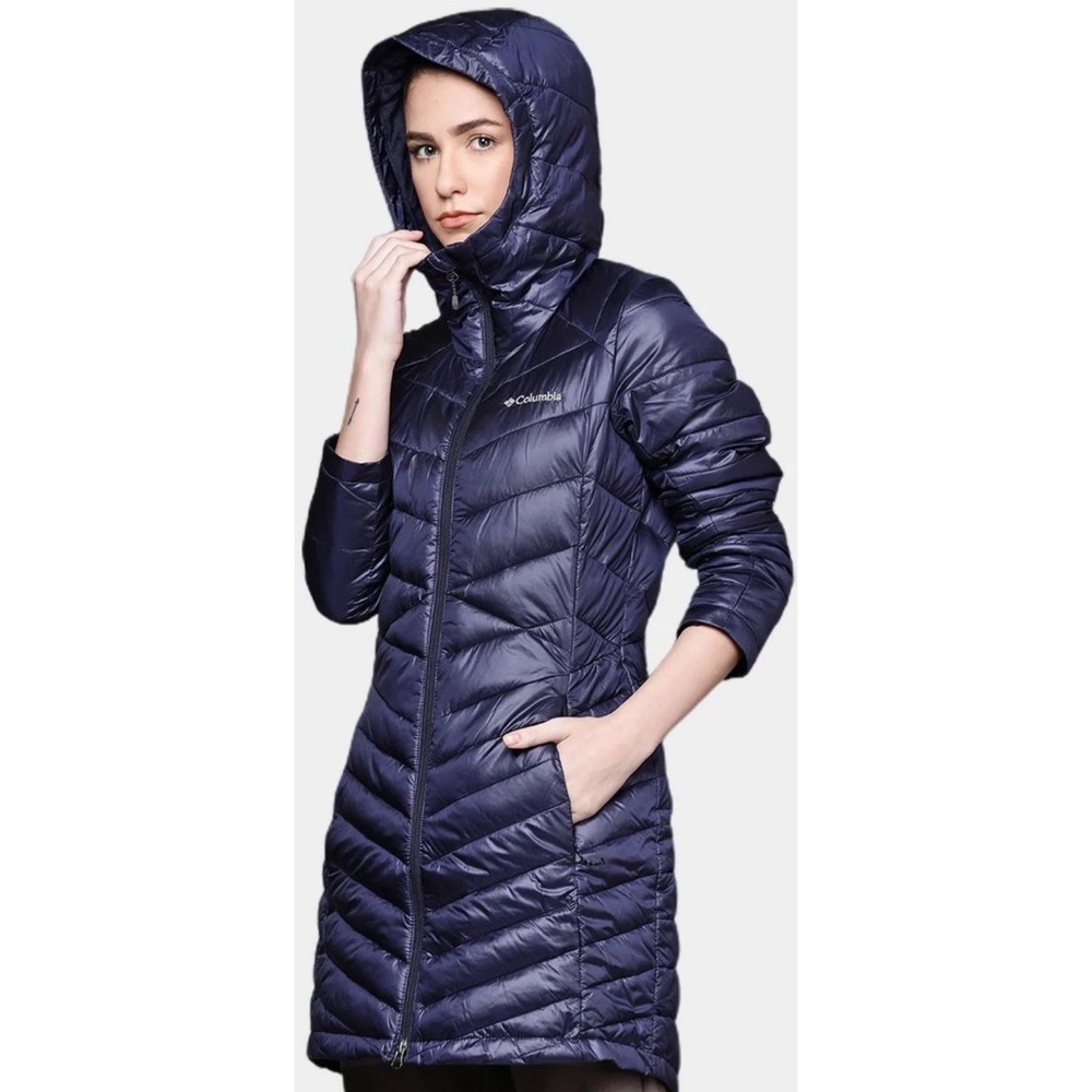 Columbia Womens Joy Peak II Mid Hooded Puffer Jacket Gold Omni-Heat Navy Sz XL